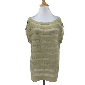 Cache Blouse Womens M Medium Beige Dropped Sheer Stitches Boat Neck Stretch